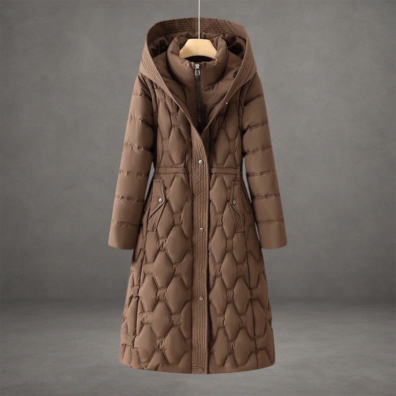 Brown longline hooded down coat on hanger, front view