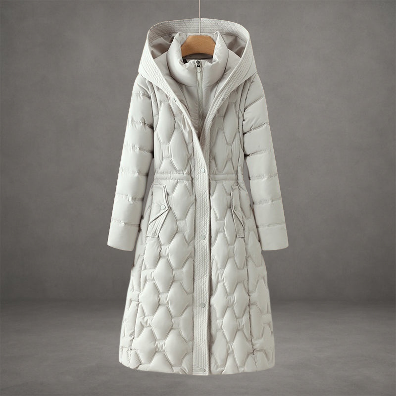 White longline hooded down coat on hanger, front view