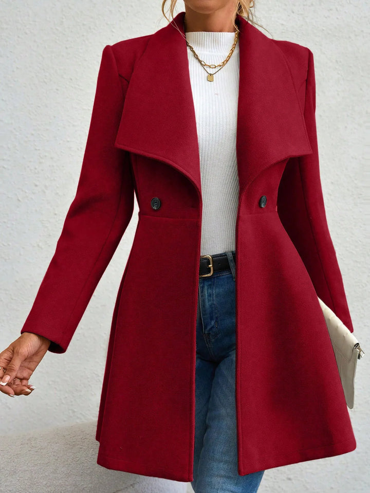 Red waterfall collar swing coat, close front view