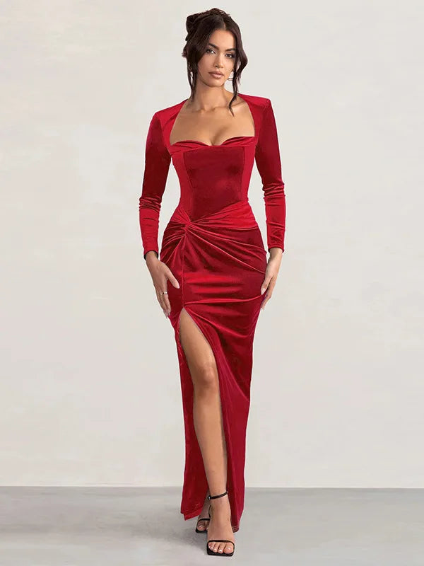 Red velvet maxi dress front view with side slit