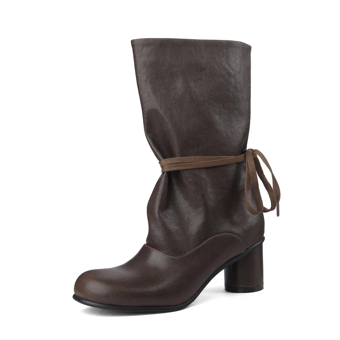 Brown leather mid-calf boot with ankle tie and block heel, three-quarter view