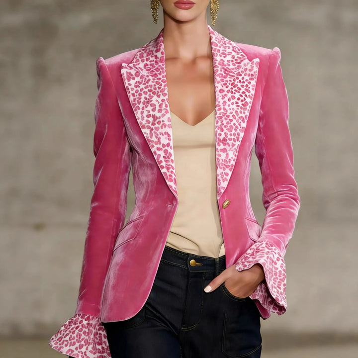 Pink velvet blazer with leopard print lapel and flared cuffs, front view