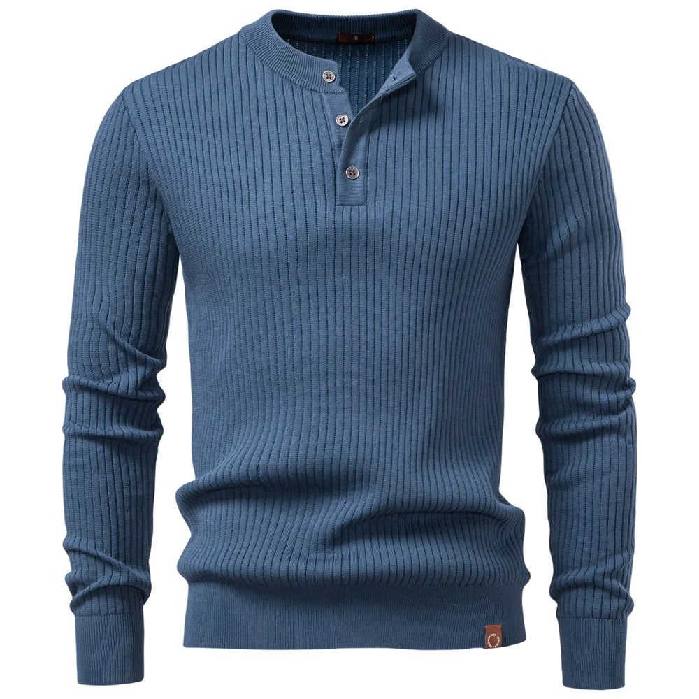 Denim blue ribbed knit henley shirt front view