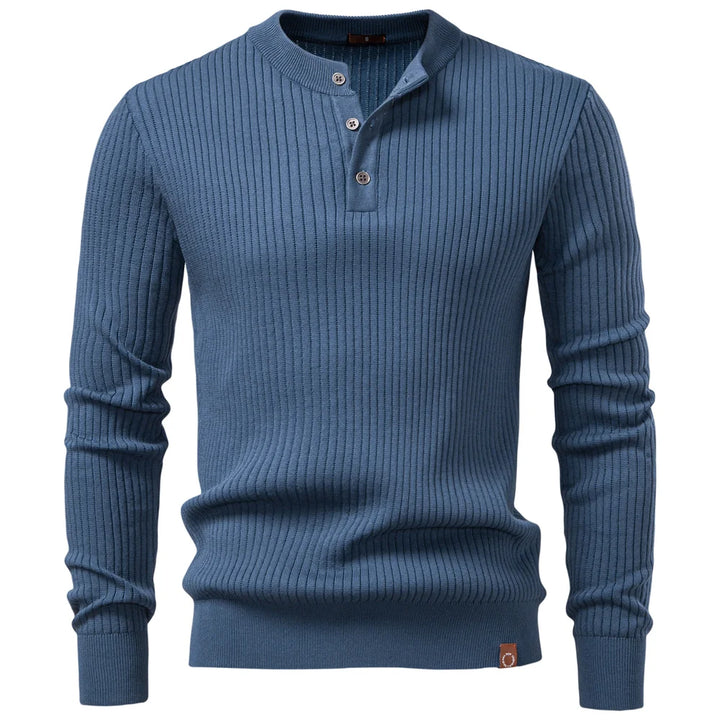 Denim blue ribbed knit henley shirt front view