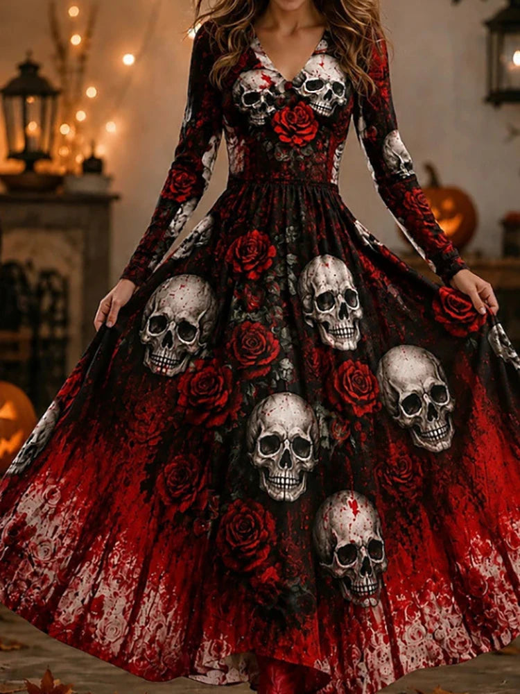 Black and red ombre maxi dress with skull and rose print