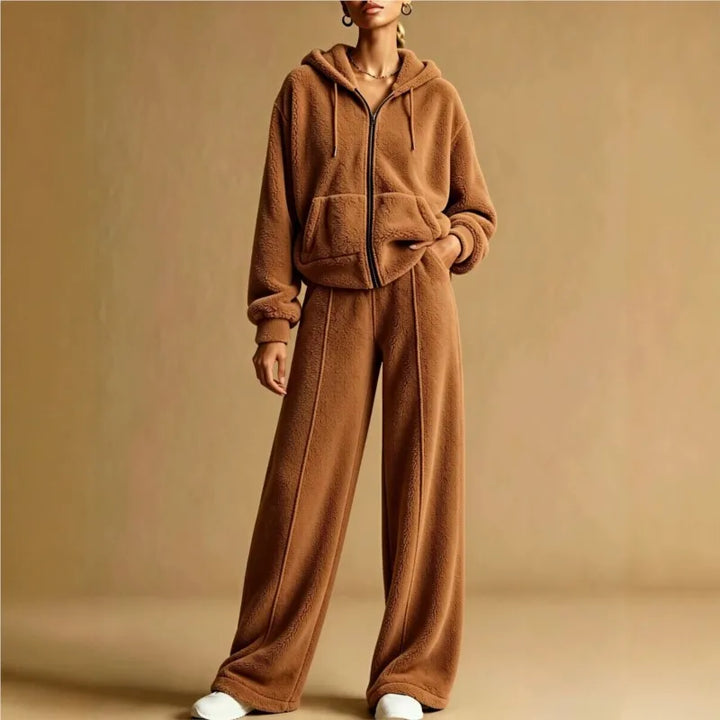 Woman wearing brown sherpa zip hoodie and wide leg pants set