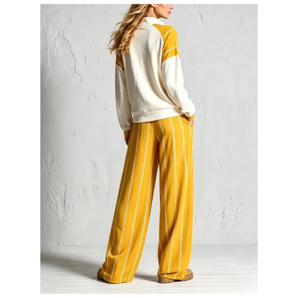 Back view of yellow color block pullover and striped wide leg pants set