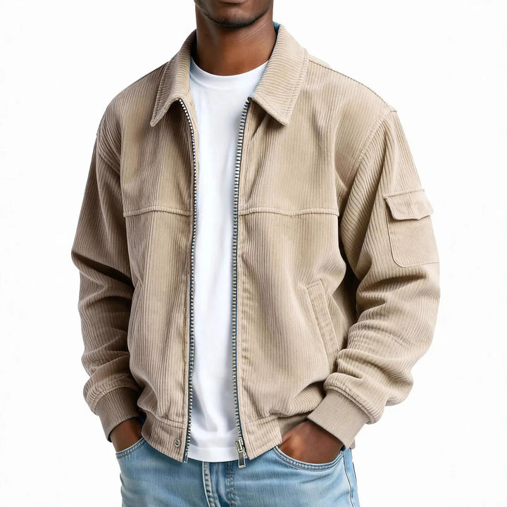 Man wearing khaki corduroy zip jacket with flap pocket