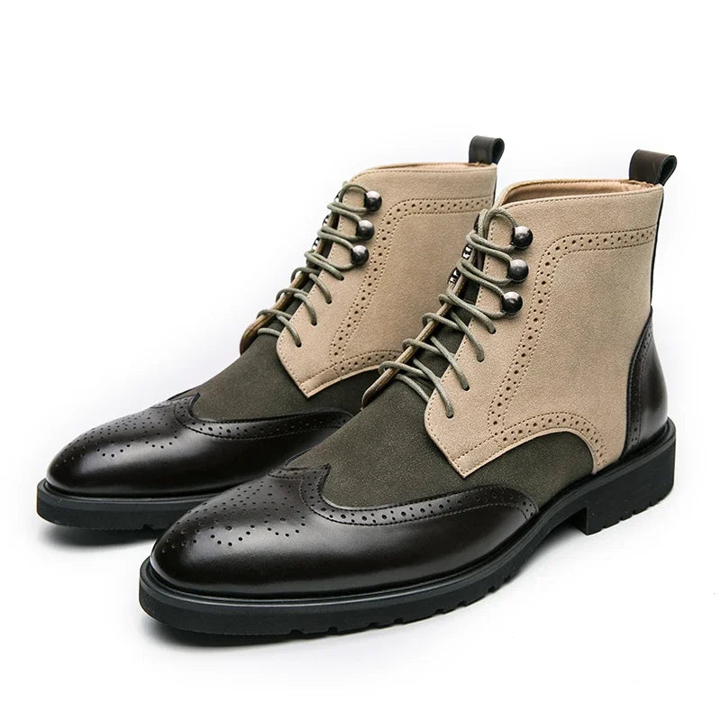 Brown and green suede brogue ankle boots, side view pair