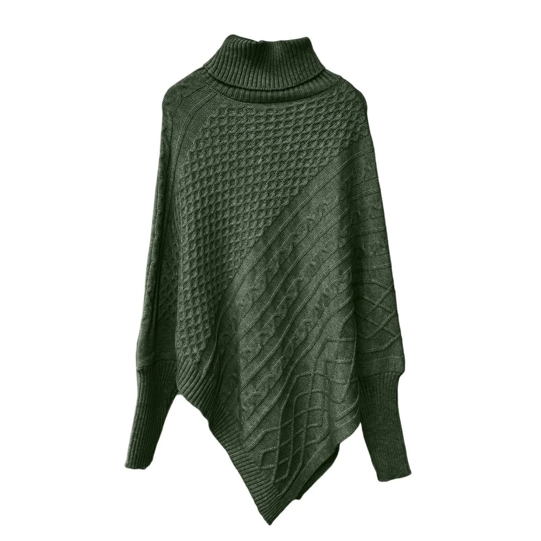 Dark green cable knit asymmetric poncho sweater flat lay