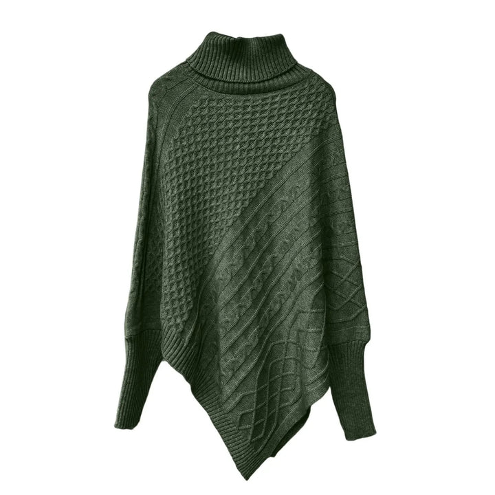 Dark green cable knit asymmetric poncho sweater flat lay