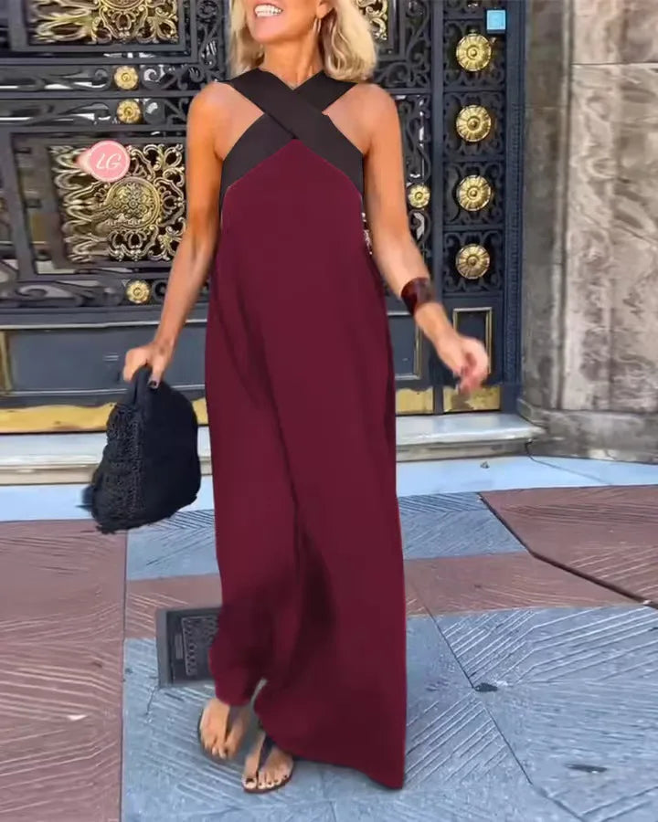 Jessara Contrast Halter Backless Maxi Dress