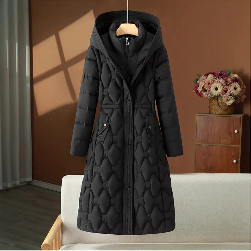 Black long quilted puffer coat with hood, front view