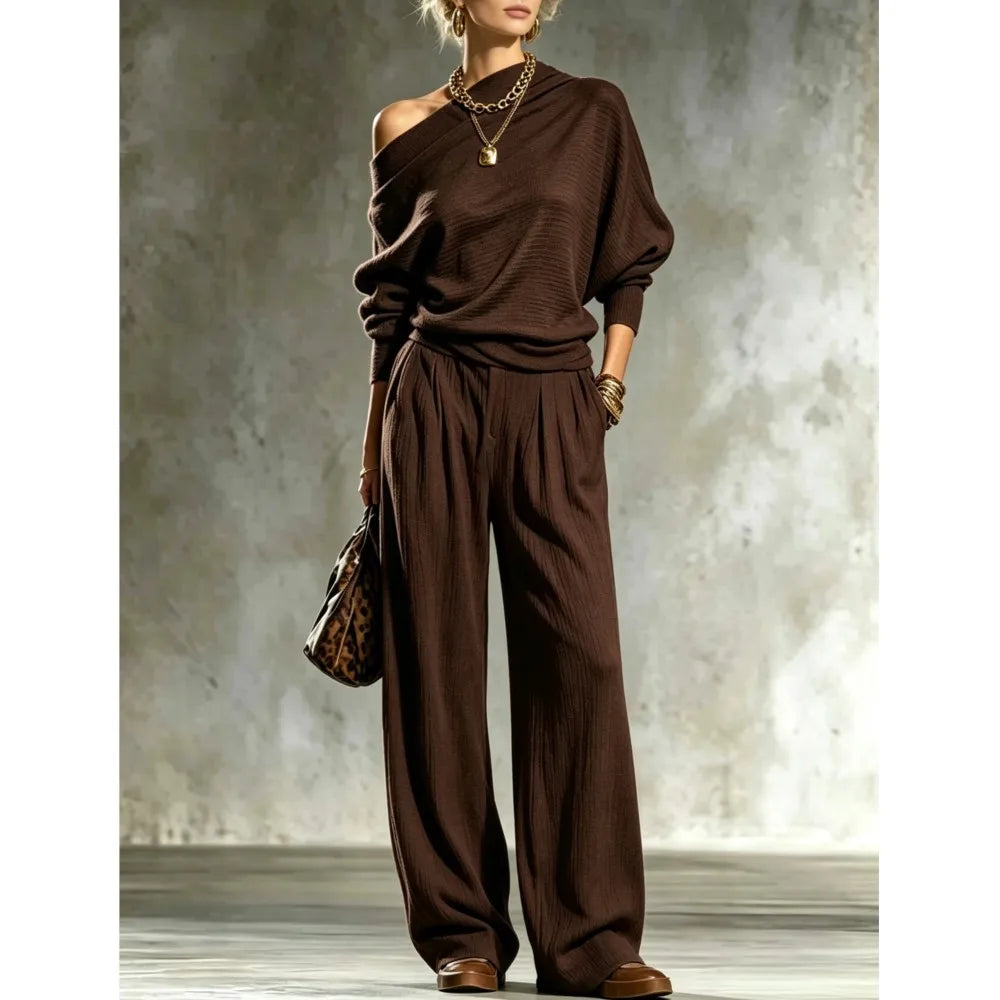 Dark brown off shoulder batwing sleeve knit top and wide leg pants set, front view