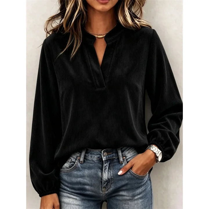 Black ribbed corduroy blouse with V-neck, front view