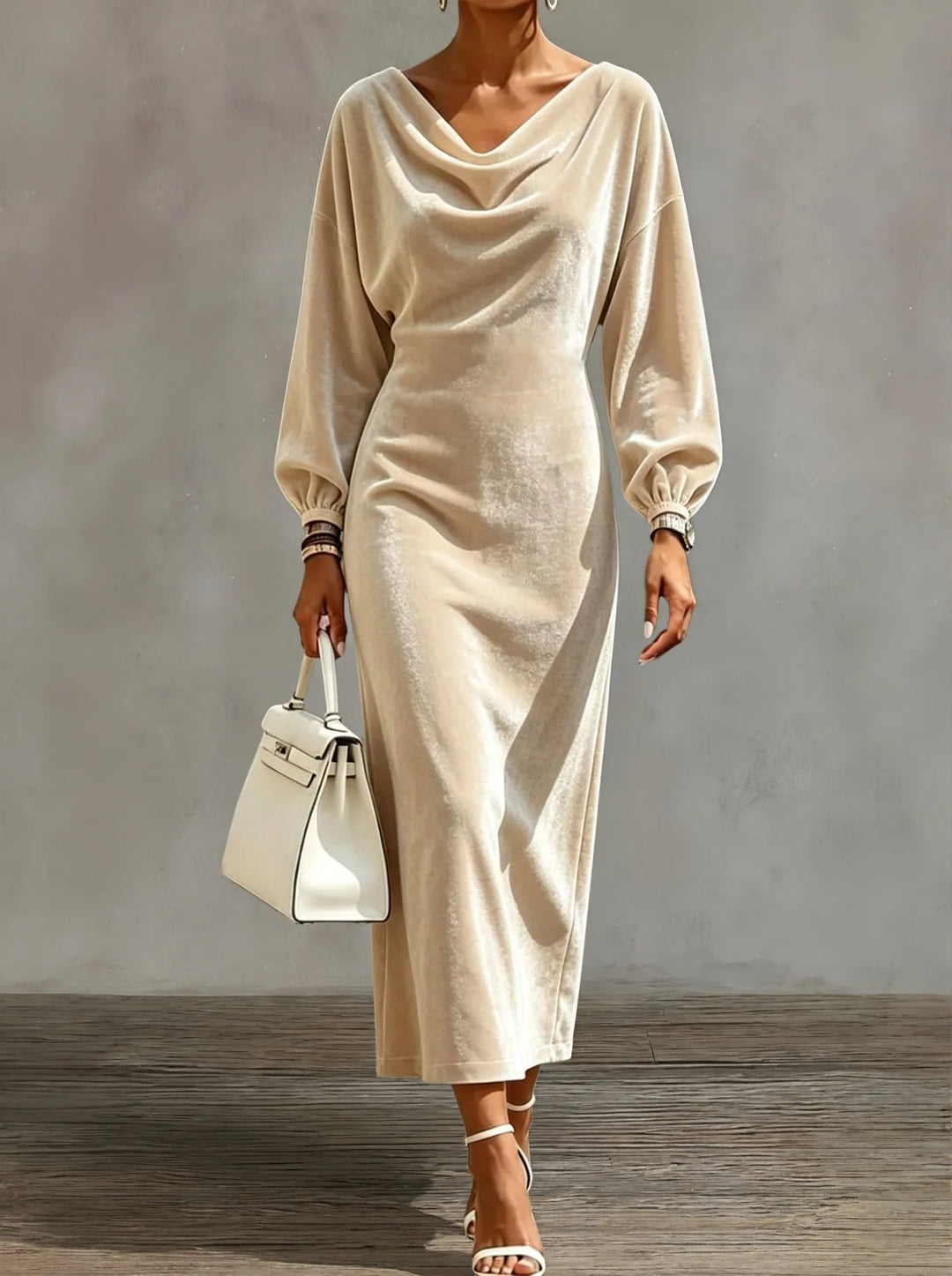 Apricot velvet midi dress with draped cowl neckline and balloon sleeves, front view