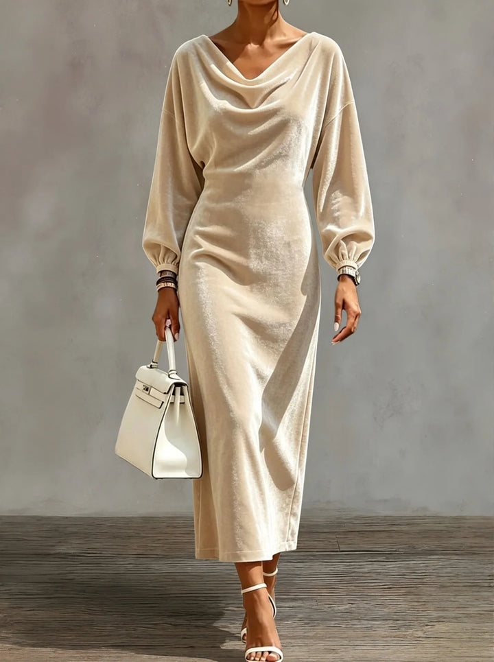 Apricot velvet midi dress with draped cowl neckline and balloon sleeves, front view