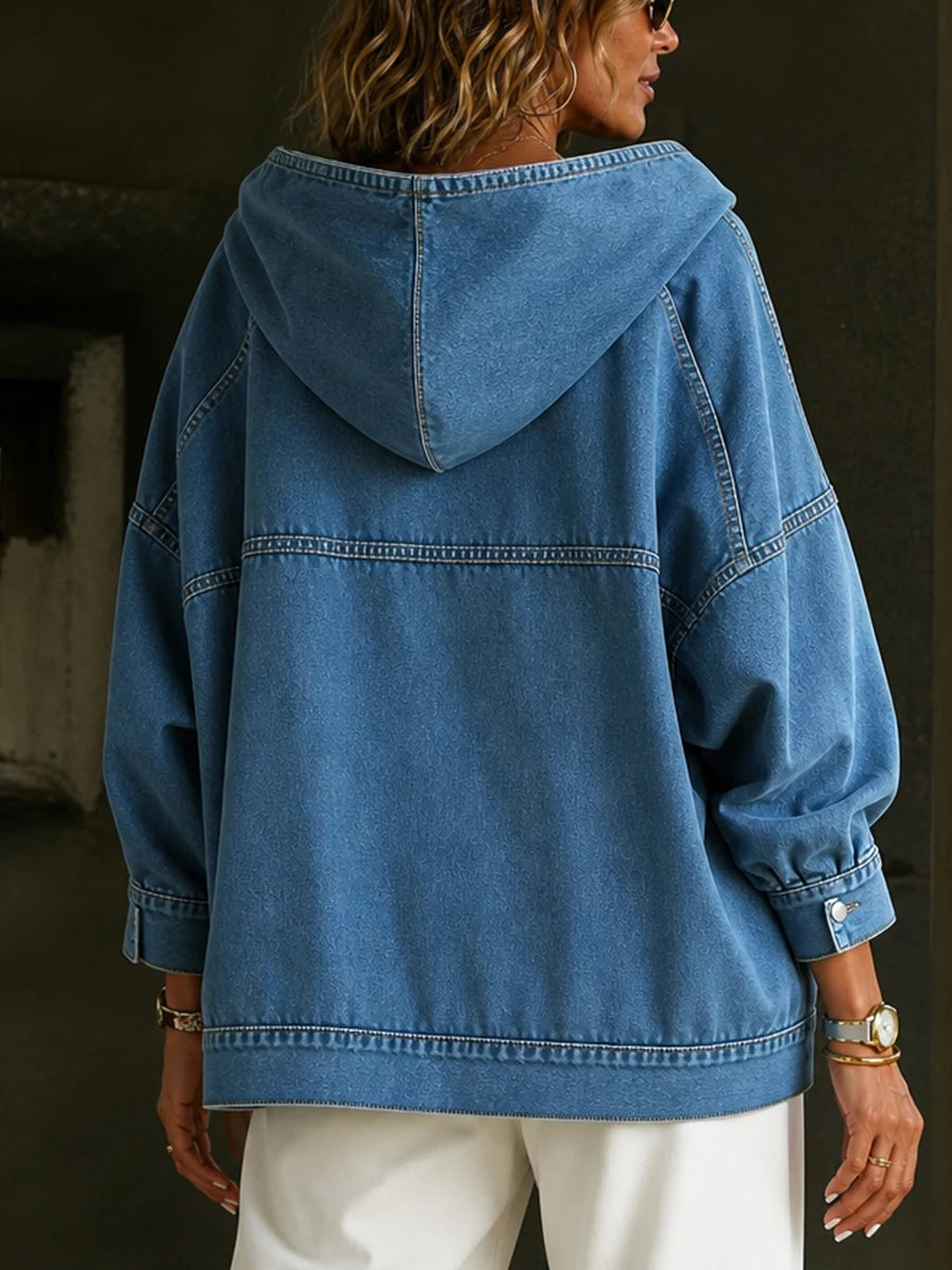Back view of blue denim hoodie showing hood and topstitch seams