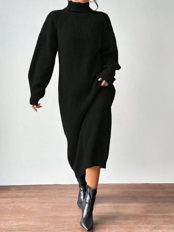 Black ribbed knit sweater dress, front angle view