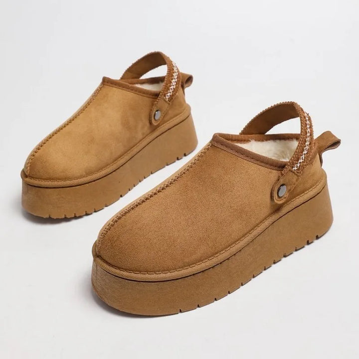 Pair of camel platform mule clogs with sling-back strap
