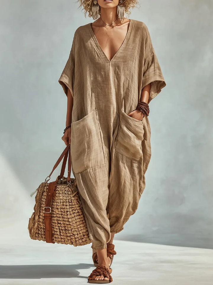 Harper V Neck Linen Blend Pocket Romper
