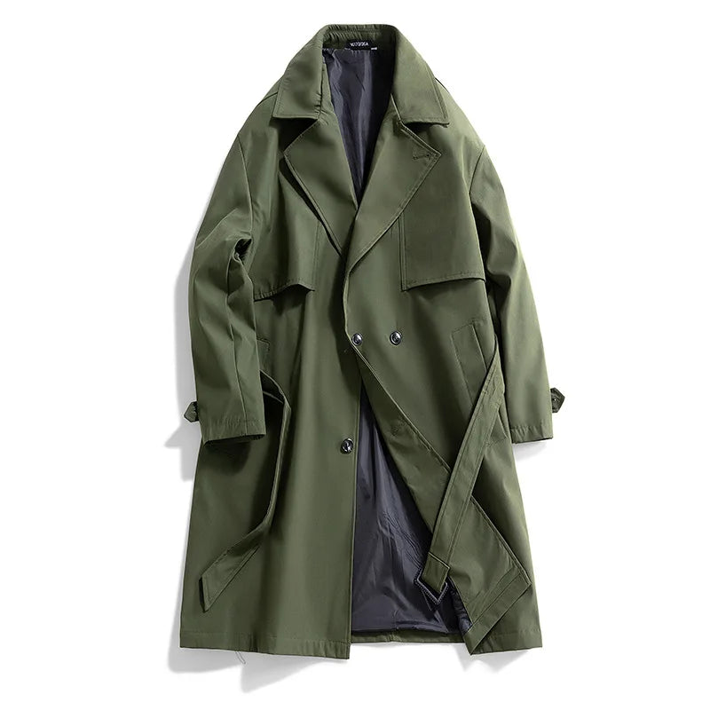 Army green double breasted trench coat open front view