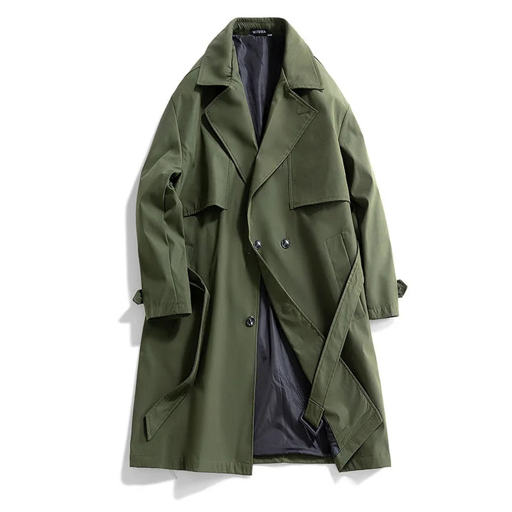 Army green double breasted trench coat open front view