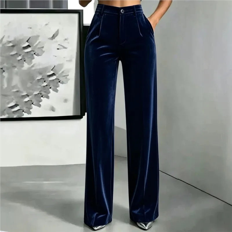 Navy velvet wide leg pants front view