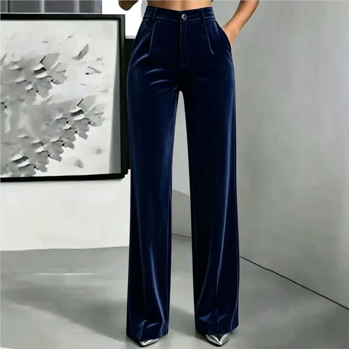 Navy velvet wide leg pants front view