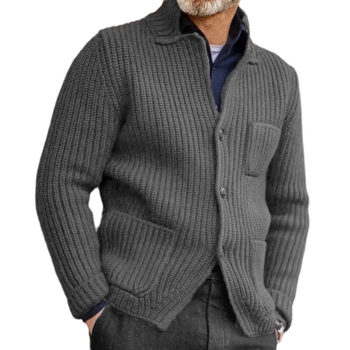 Gray ribbed knit cardigan with turn-down collar
