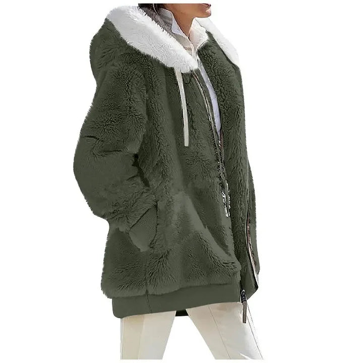 Army green plush fleece hooded jacket with white contrast collar, side view