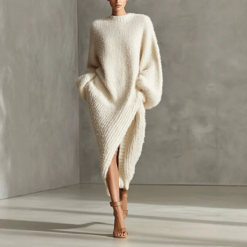 Woman wearing creamy-white bouclé knit maxi dress with high side slit, front view