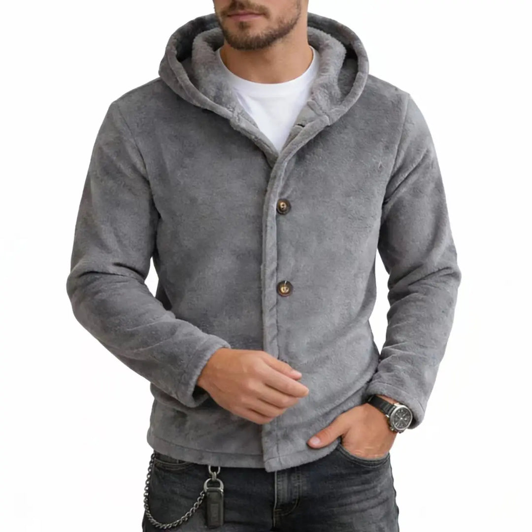 Man wearing gray brushed fleece hooded jacket with button front