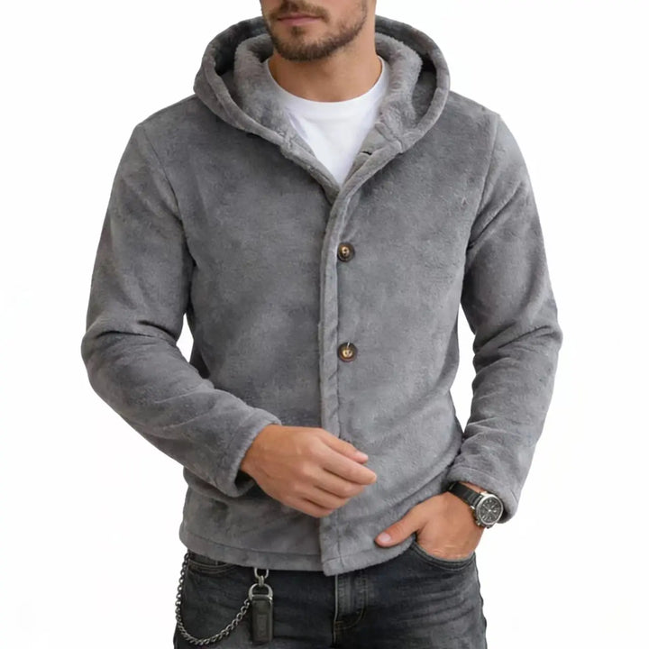 Man wearing gray brushed fleece hooded jacket with button front