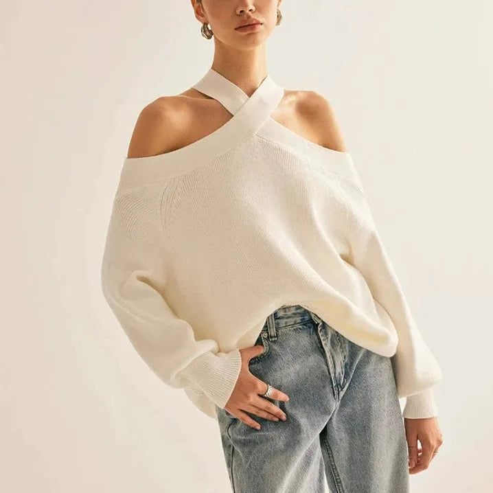 Close up front view of white halter neck cold shoulder sweater