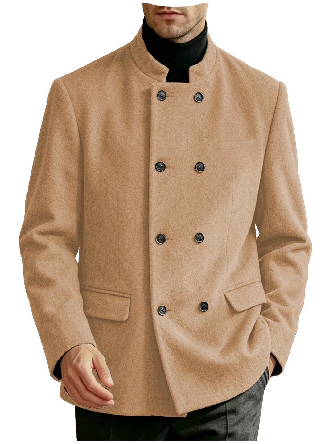 Man wearing camel mandarin collar double-breasted coat