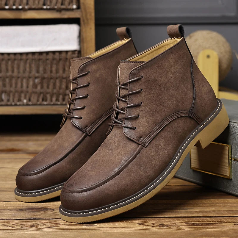 Brown lace-up chukka boots, side angle pair view