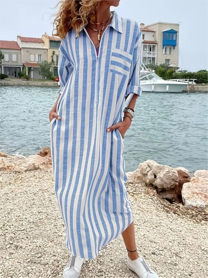 CelesseStriped Maxi Shirt Dress