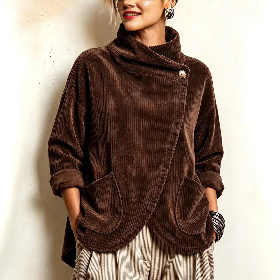 Woman wearing brown corduroy jacket with wrap collar and patch pockets
