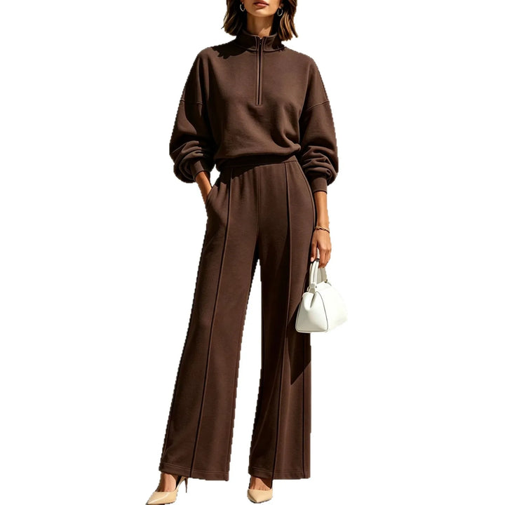 Woman wearing coffee brown half zip pullover and wide leg pants set