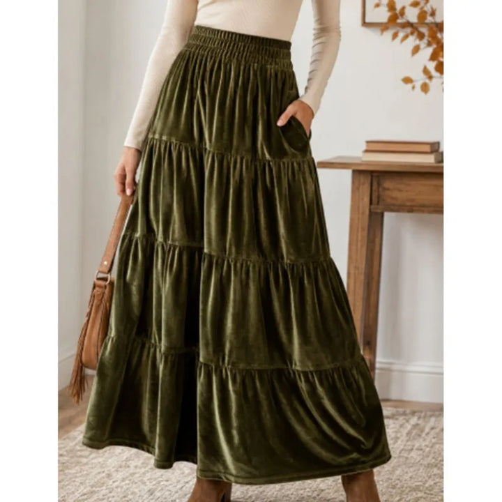 Army green velvet tiered maxi skirt, front view