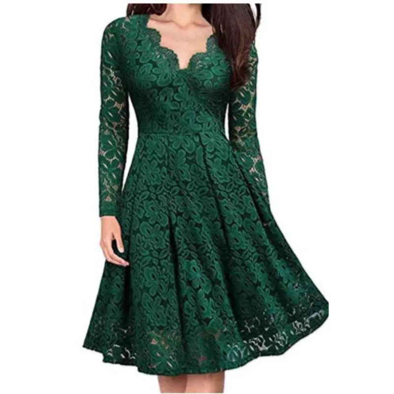 Green lace A-line dress with scalloped V-neckline, front view