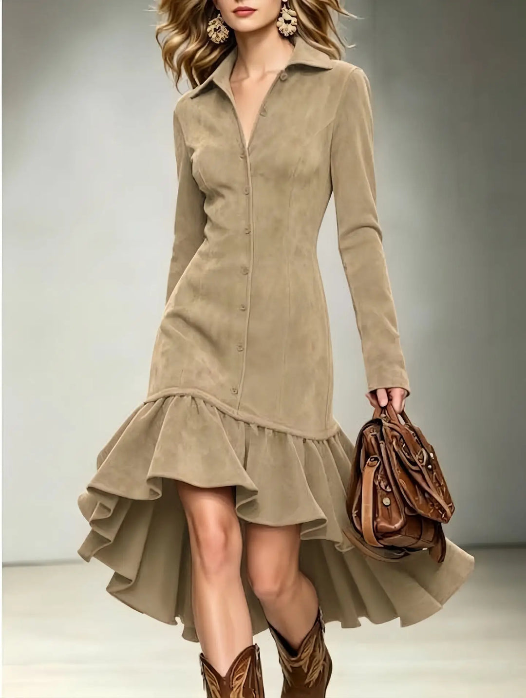 Woman in taupe faux suede mermaid dress with turn-down collar, front view