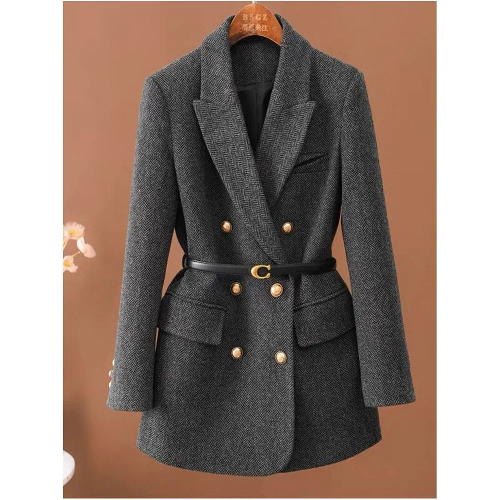 Dark gray herringbone belted blazer, front detail view
