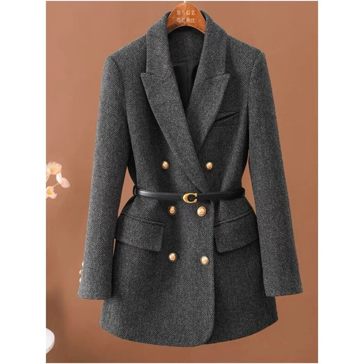 Dark gray herringbone belted blazer, front detail view