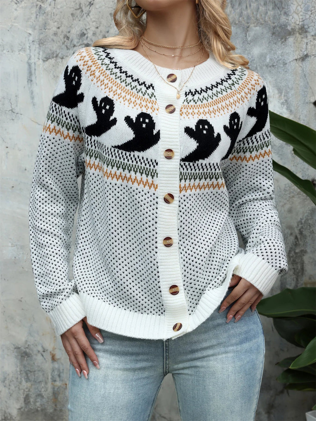 Retro Ghost Button Cardigan