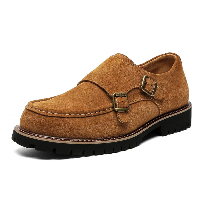 Tan suede double monk strap loafer, front angled view