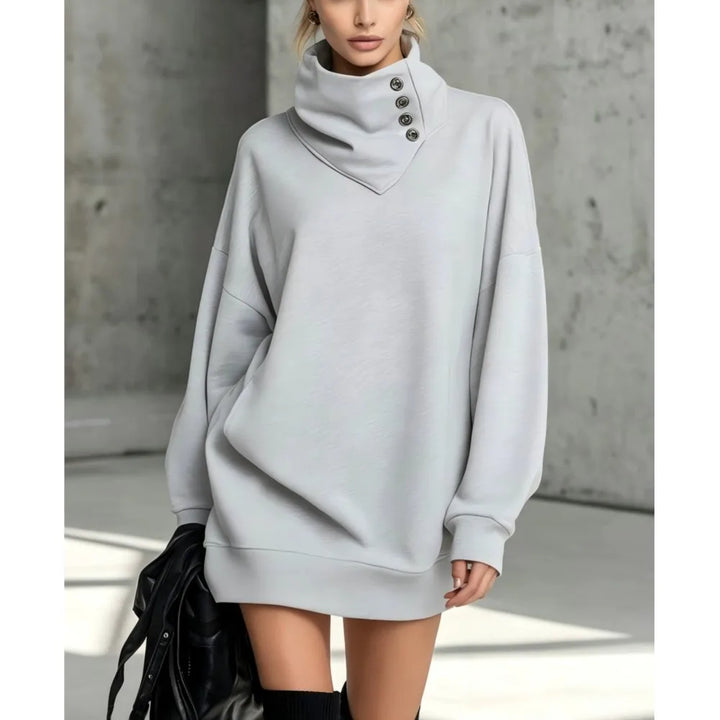 Light grey sweatshirt dress with asymmetric button collar, front view