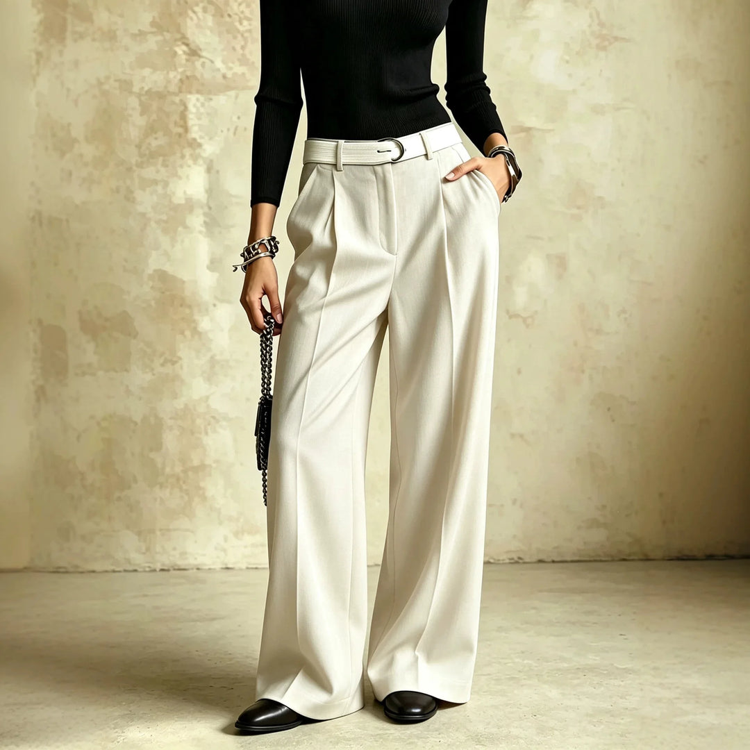 White wide leg pleated trousers with front pockets