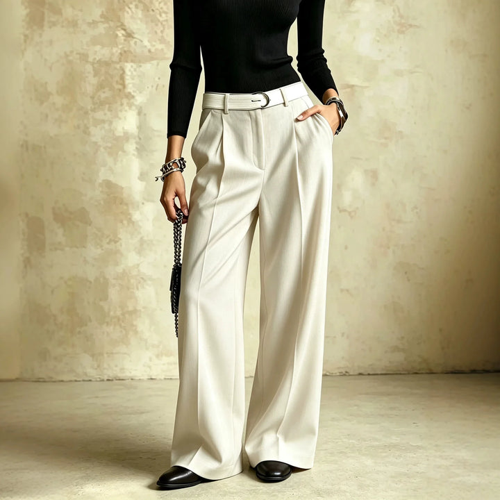 White wide leg pleated trousers with front pockets
